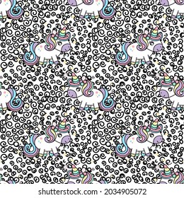 Pastel Unicorn rainbow pattern background. Colorful Cute unicorns, stars, circles pattern background. Seamless Vector illustration. Wrapping paper. Swirl pattern.