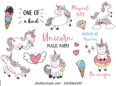 pastel unicorn set with unicorn,ice cream,rainbow,diamond,heart illustration for sticker,postcad,birthday invitation