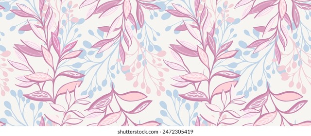 Pastel unique jungle seamless pattern with branches, creative leaves, leaf stems, plants. Abstract artistic tropical botanical printing on a light background. Vector hand drawing. Ornament repeated  
