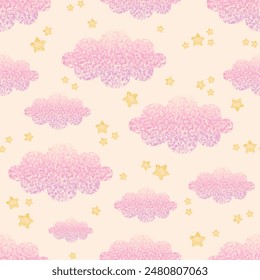 Pastel vanilla cloudy sky pattern vector. Cloud and glitter star seamless pattern. Cute and sweet design for fabric, kid cloth, baby dress, print, card, sticker, cover, wrapping paper, decor.