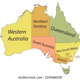 Pastel vector administrative map of AUSTRALIA with black border lines and name tags of its states and territories