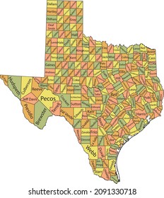 Pastel vector administrative map of the Federal State of Texas, USA with black borders and name tags of its counties