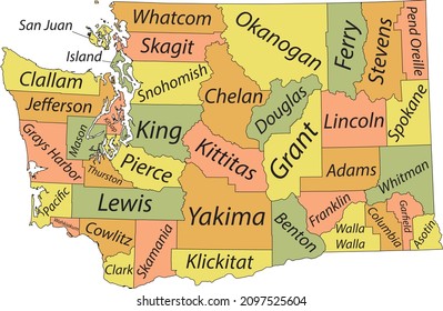 Pastel vector administrative map of the Federal State of Washington, USA with black borders and name tags of its counties