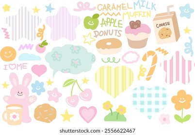 Pastel vector of bunny, cherry, heart, candy cane, stars, apple, donut, cupcake, milk, drink, flowers for sweet dessert, cafe, menu, bakery, pastry, happy easter, pet shop, sticker, animal, fruits