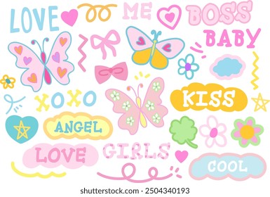 Pastel vector of butterfly, clover leaf, flower, pink bow, heart, messages such as angel, boss baby, kiss, cool, girls for animal, picnic, summer, women empowerment, font, typography, pink elements