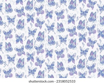 Pastel  vector butterfly seamless texture, bohemian violet fashion, Boho textile fabric, Fairy tale magic creatures wrapping ornament