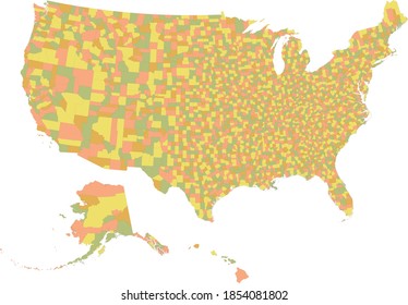 Pastel vector counties map of the federal states of United States of America