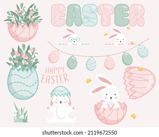 Pastel Vector Easter Collection with cute bunnies, eggshell vases, flowers and lettering