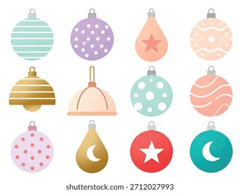 Conjunto de Navidades planas de Vector pastel con 9 adornos únicos sobre fondo blanco puro, con patrones geométricos simples y colores de vacaciones suaves, ideal para el trazado de Vectores.
