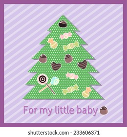 Pastel vector greeting card: Christmas tree made of fabric with candies and chocolate.