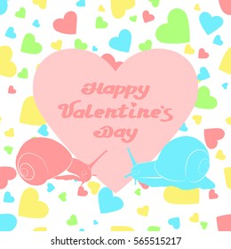pastel vector hearts. blue and pink snail. happy valentines day. greeting card