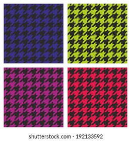 Pastel vector houndstooth seamless dark pink, blue, green, violet and black pattern set. Traditional Scottish plaid fabric collection for baby website background, kids or desktop wallpaper.