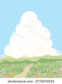 Pastel Vector Illustration of a field of pink flowers, green hills, and a colossal fluffy white cloud