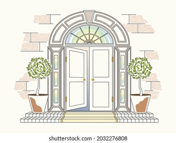 Pastel vector illustration of an open door to a Georgian house. Plants at the entrance, stone walls. Cozy sketch of magical world.