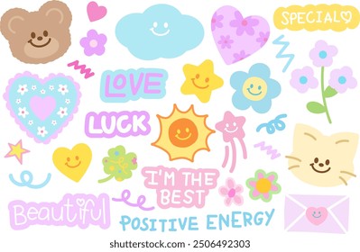 Pastel vector illustration of teddy bear, cat, clover leaf, star, flower, heart, sun for positive energy, happy emoji, Valentine's Day, cartoon character, cute patches, kid doll, plush toy, lucky icon