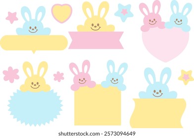 Pastel vector illustrations of bunny, heart, flower, blank space for cartoon characters, comic, text bubbles, pet shop, zoo, happy easter, animal, text, message, chat, dialogue, stickers, Valentine's