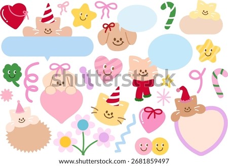 Pastel vector illustrations of cat, puppy, text bubbles, winter scarf, heart, flowers, candy cane for animal, cartoon character, stickers, festive icons, toy, Christmas elements, pet shop, name tag