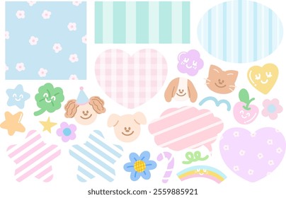 Pastel vector illustrations of puppy, cat, party hat, flowers, heart, rainbow, candy cane, cherry, text bubble, star for cartoon, characters, pet shop, comic, mascot, vet, floral print, text, message