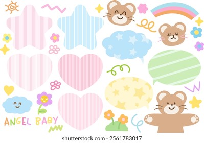 Pastel vector illustrations of teddy bear, star, heart, rainbow, cloud, flowers, text bubble for cartoon, characters, comic, mascot, zoo, souvenir shop, animals, text, message, plush toy, kid doll