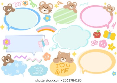 Pastel vector illustrations of teddy bear, cat, butterfly, apple, rainbow, flowers, text bubble for cartoon, characters, comic, pet, zoo, souvenir shop, animal, text, message, chat, dialogue toy, doll