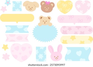 Pastel vector illustrations of teddy bear, bunny, heart pattern for cartoon characters, comic, text bubbles, pet shop, zoo, souvenir shop, animal, text, message, chat, dialogue, stickers, Valentine's