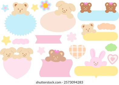 Pastel vector illustrations of teddy bear, bunny, heart, ribbon for cartoon characters, comic, text bubbles, pet shop, zoo, souvenir shop, animal, text, message, chat, dialogue, stickers, Valentine's