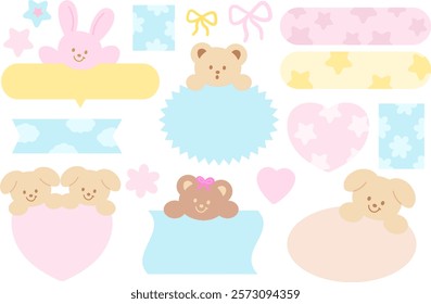 Pastel vector illustrations of teddy bear, bunny, heart, ribbon for cartoon characters, comic, text bubbles, pet shop, zoo, souvenir shop, animal, text, message, chat, dialogue, stickers, Valentine's