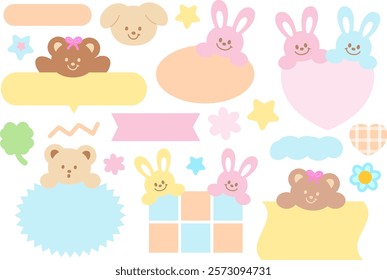 Pastel vector illustrations of teddy bear, bunny, heart pattern for cartoon characters, comic, text bubbles, pet shop, zoo, souvenir shop, animal, text, message, chat, dialogue, stickers, Valentine's
