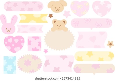 Pastel vector illustrations of teddy bear, bunny, puppy, heart pattern for cartoon characters, comic, text bubbles, pet shop, vet, zoo, souvenir shop, animal, text, message, chat, stickers, Valentine