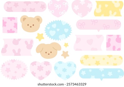 Pastel vector illustrations of teddy bear, bunny, puppy, heart pattern for cartoon characters, comic, text bubbles, pet shop, vet, zoo, souvenir shop, animal, text, message, chat, stickers, Valentine