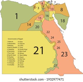 Pastel-Vektorkarte der Arabischen Republik Ägypten mit schwarzen Grenzen und Namen ihrer Gouverneure