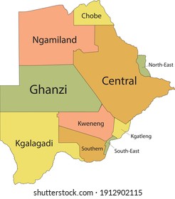 Pastel vector map of Botswana with black borders and names of its districts