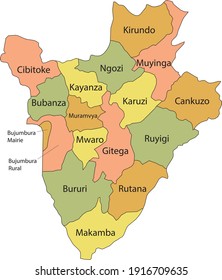 Mapa vectorial pastel de Burundi con fronteras negras y nombres de sus provincias
