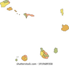 Pastel vector map of Cape Verde with black borders of its municipalities and civil parishes
