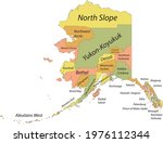 Pastel vector map of the Federal State of Alaska, USA with black borders and names of its boroughs and census areas