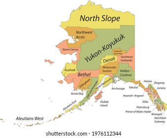Pastel vector map of the Federal State of Alaska, USA with black borders and names of its boroughs and census areas