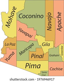Pastel vector map of the Federal State of Arizona, USA with black borders and names of its counties