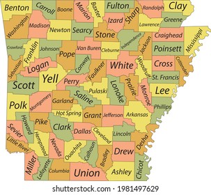 Pastel vector map of the Federal State of Arkansas, USA with black borders and names of its counties