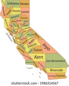 Pastel vector map of the Federal State of California, USA with black borders and names of its counties