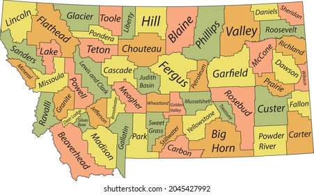 Pastel vector map of the Federal State of Montana, USA with black borders and name tags of its counties