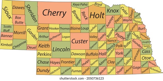 Pastel vector map of the Federal State of Nebraska, USA with black borders and name tags of its counties