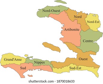 Pastel vector map of Haiti with black borders and names of it's departments