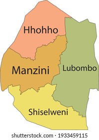 Pastel vector map of the Kingdom of Eswatini (Swaziland) with black borders and names of its regions