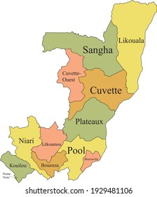 Pastel vector map of the Republic of the Congo with black borders and names of its departments