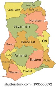 Mapa vector Pastel de la República de Ghana con fronteras negras y nombres de sus regiones