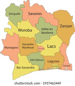 Pastel vector map of the Republic of Ivory Coast (Côte d'Ivoire) with black borders and names of its districts