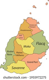 Pastel vector map of the Republic of Mauritius with black borders and names of its regions