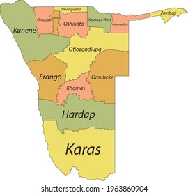 Pastel vector map of the Republic of Namibia with black borders and names of its regions