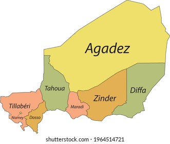 Mapa vectorial Pastel de la República de Níger con fronteras negras y nombres de sus regiones