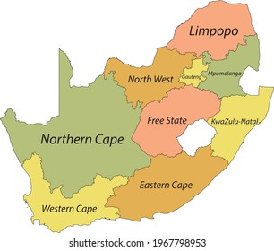 Pastel-Vektorkarte der Republik Südafrika mit schwarzen Grenzen und Namen ihrer Provinzen